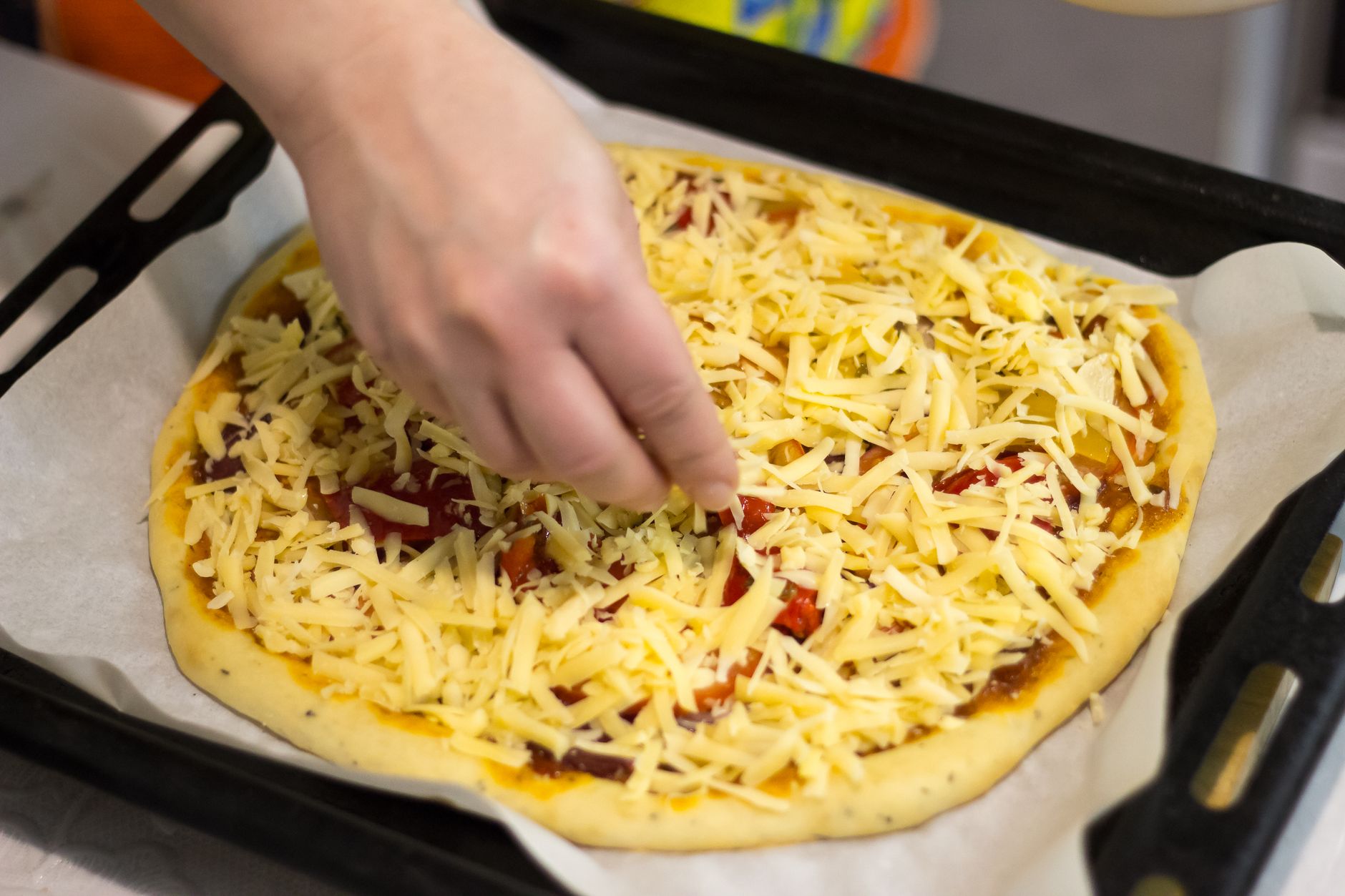 Golden baked pizza with vibrant toppings