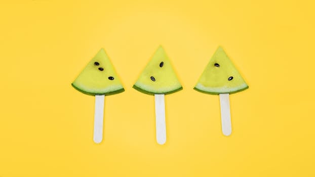 Creative display of yellow watermelon slices on sticks set against a vibrant yellow background.