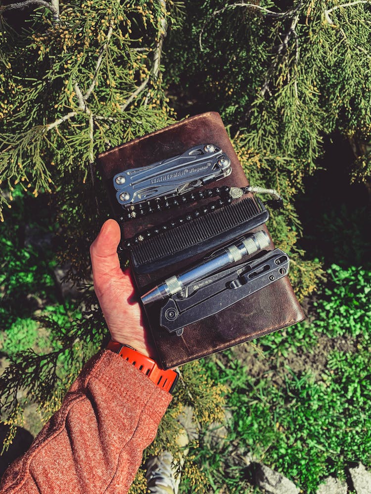 Man Holding A Multitool Leather Case With Equipment 