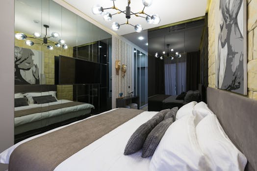 Soft bed with pillows between painting and wall reflecting shiny lights in contemporary hotel bedroom