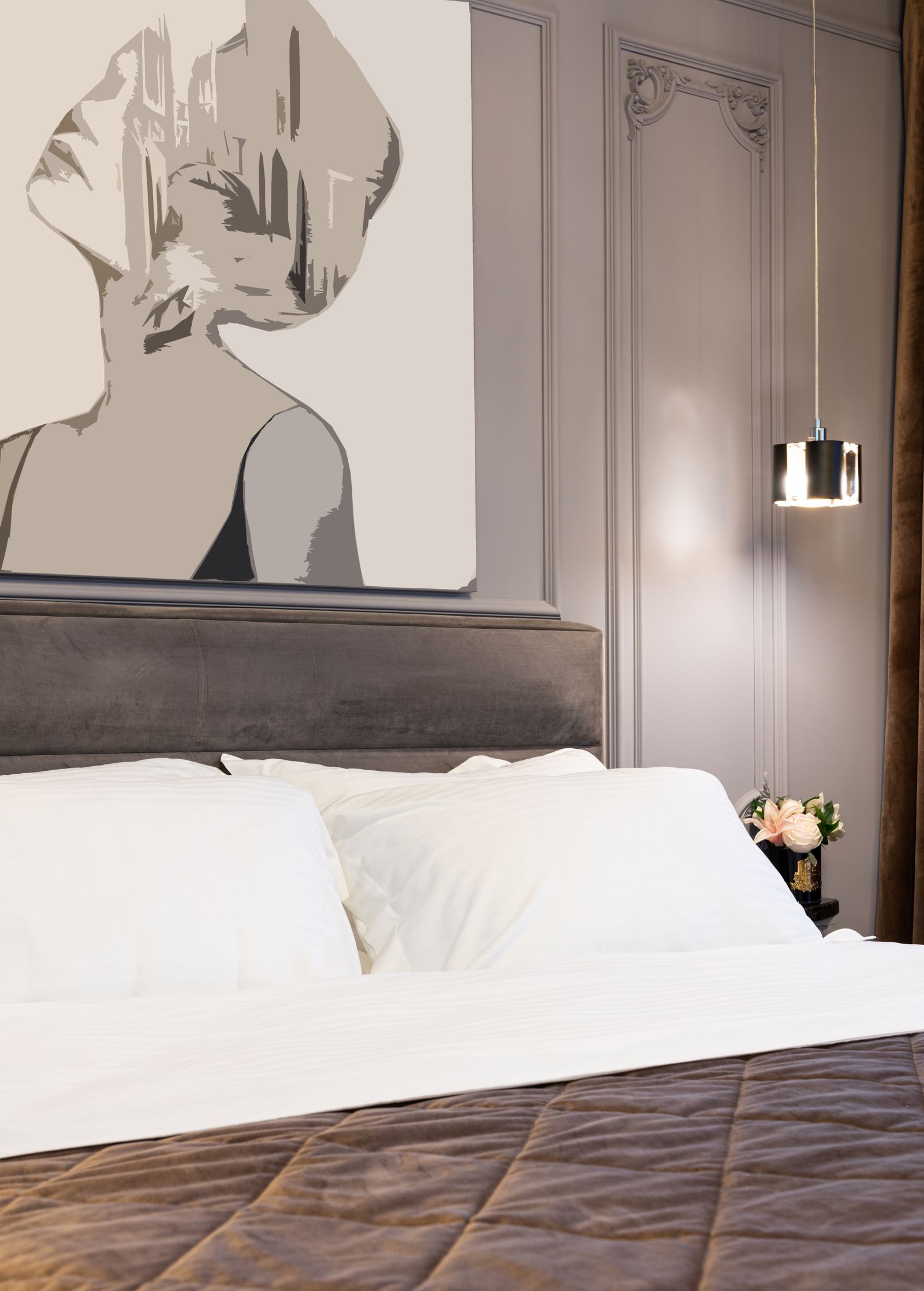 Dusk No. 1 — bed artwork print in a dark bedroom, warm tones, above bed wall decor designed for sleep