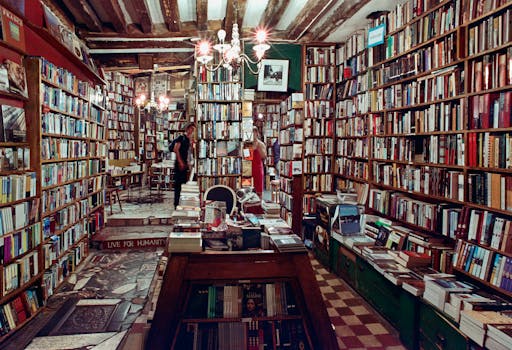 Explore a vintage bookshop in Paris filled with towering bookshelves and cozy reading corners.