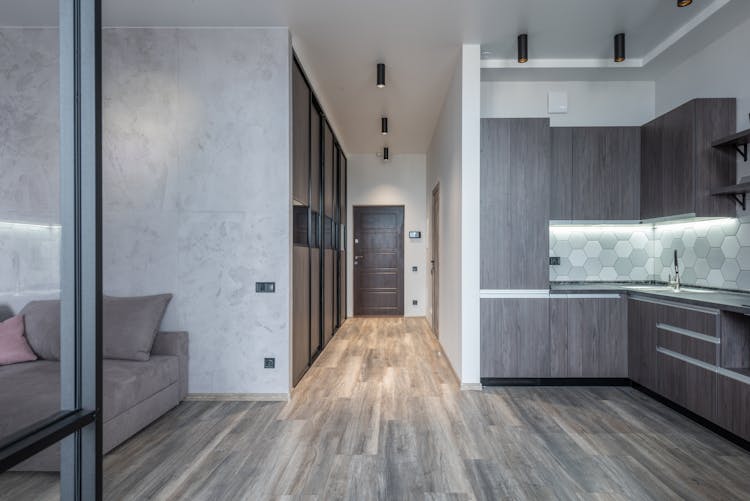 Modern Kitchen Interior And Corridor With Entrance Door In House