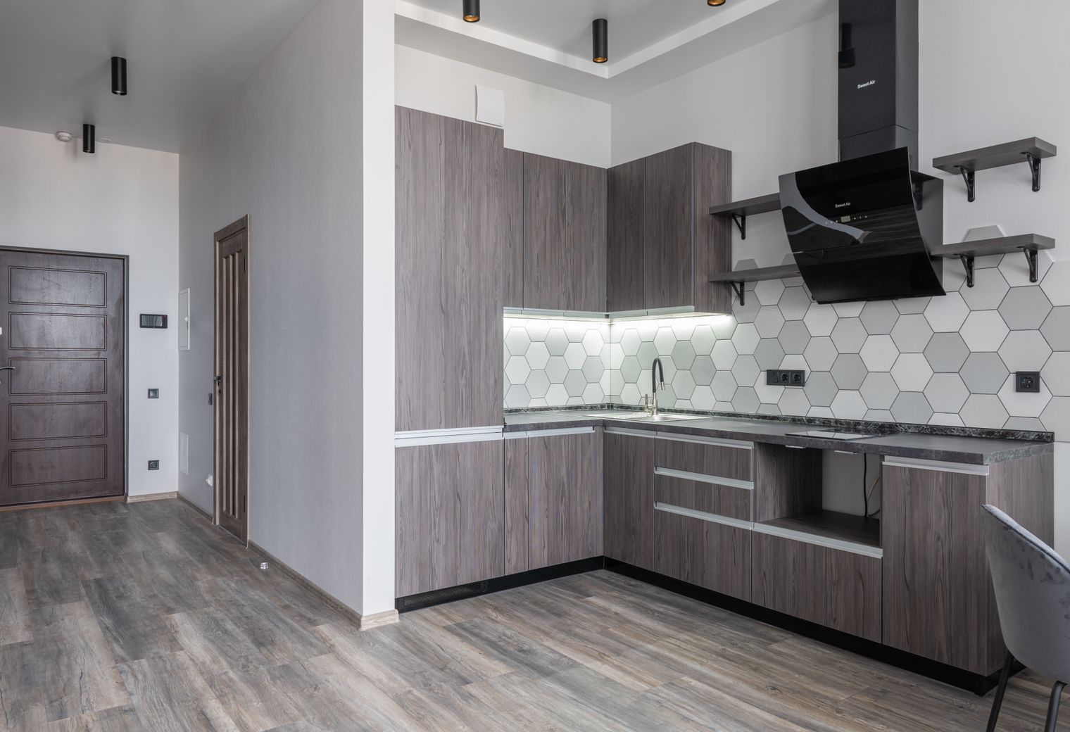 Kitchen Spraying in Enfield Wash — woodwork brushed to a crisp, smooth line