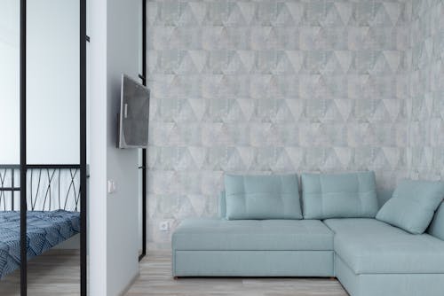 Sofa Màu Xám Bên Cạnh Tường Trắng Và Xanh