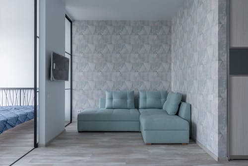Free Comfortable sofa with cushions placed near wall with wallpaper and bedroom with glass wall and bed in modern flat with TV Stock Photo