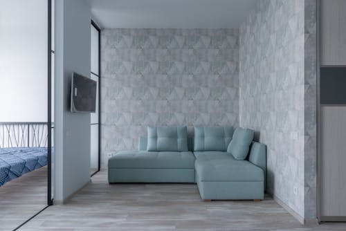 Comfortable sofa with cushions placed near wall with wallpaper and bedroom with glass wall and bed in modern flat with TV