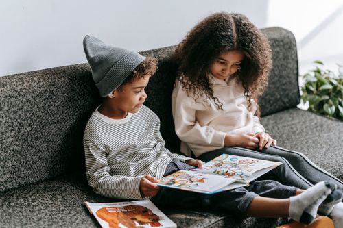 Free Clever African American brother and sister in trendy outfits reading interesting story with pictures in book on sofa Stock Photo