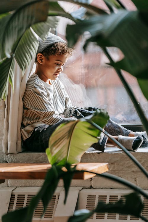 Side view with cheerful African American little boy in trendy outfit sitting on windowsill in apartment with potted plants in sunny day
