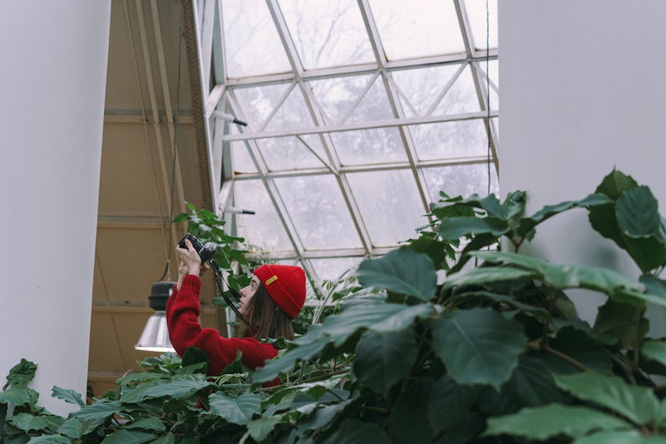 Woman in Red Knit Hat Taking Photo Near the Window