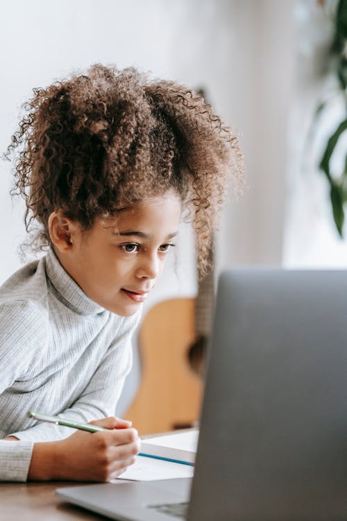 Free Positive African American girl with curly hair taking notes on paper while looking at screen of netbook during studies at home with guitar on blurred background Stock Photo
