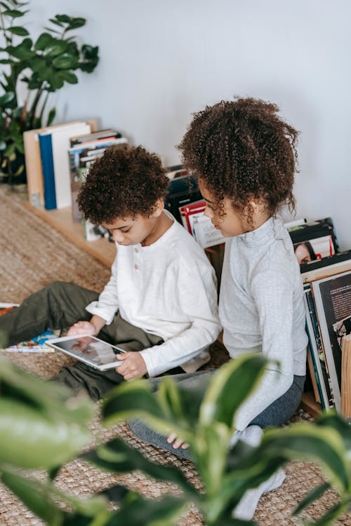 Free From above side view of concentrated African American boy surfing tablet while sitting on floor with black sister in room with green plants Stock Photo
