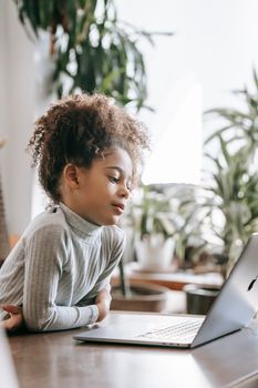 Concentrated African American girl with curly hair in casual clothes sitting at table and browsing laptop at home in daylight
