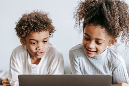 Cheerful black children browsing laptop together in room