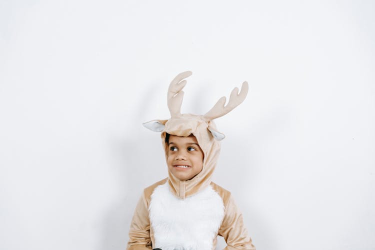 Adorable Little Black Boy In Soft Reindeer Costume