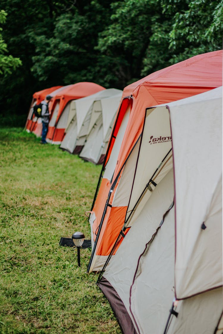 Line Of Tents On Outdoor Camping In Forest