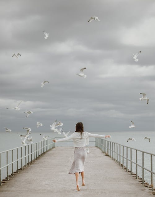 Женщина в белой рубашке с длинным рукавом и белых штанах гуляет по деревянной пристани с птицами и на них