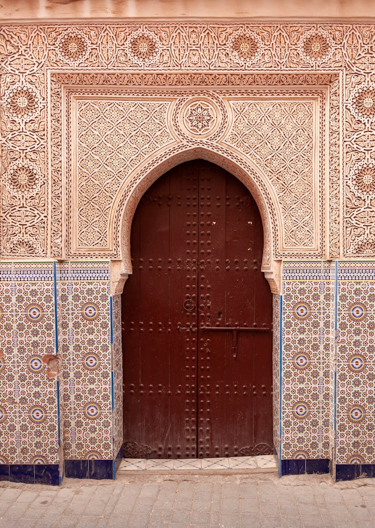 Amazing Mosaic Tilework And Arabesque Ornaments On Walls Of Ancient Moroccan Building