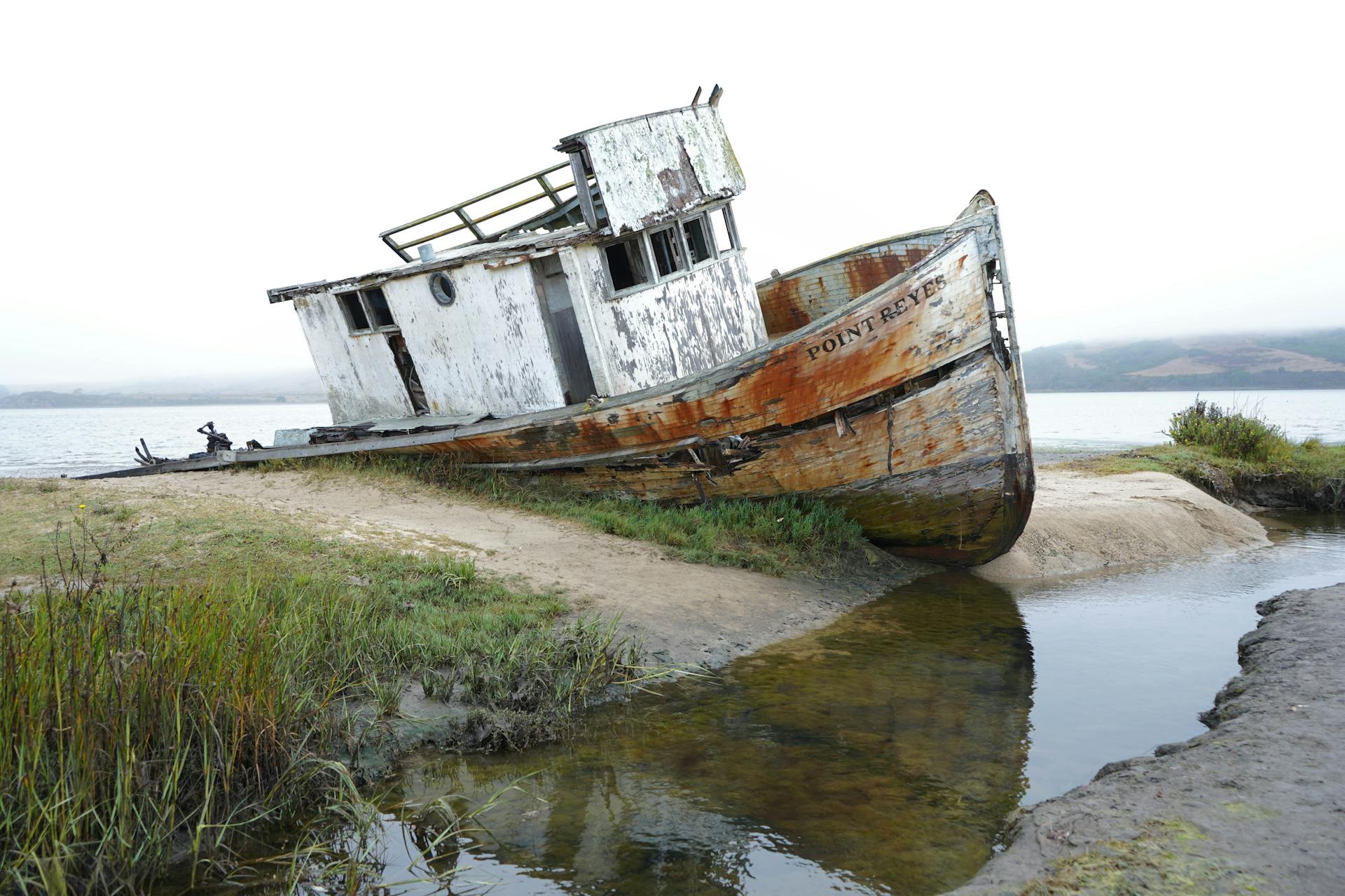 Explore the rustic beauty of a shipwreck at Point Reyes, California's rugged coast.