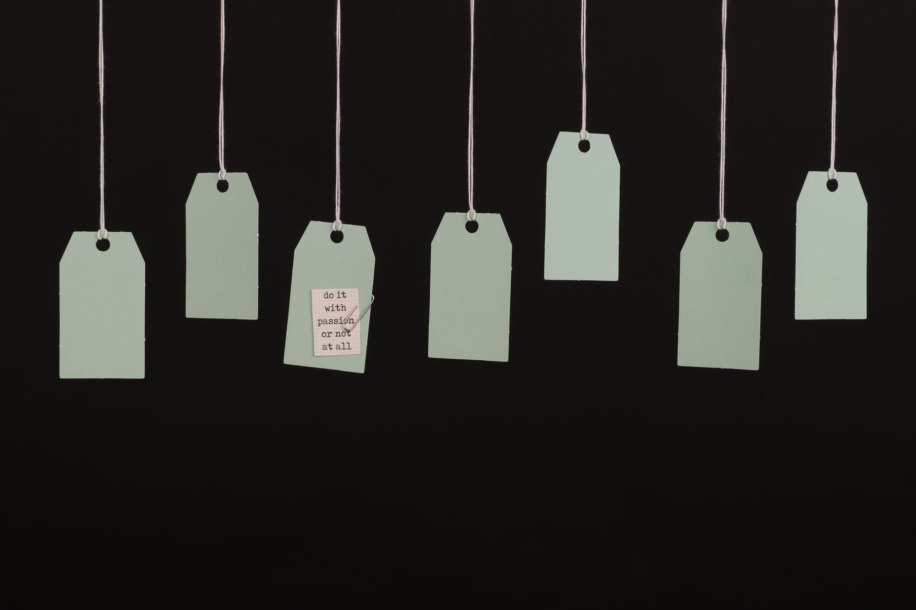 Aesthetic minimalist hanging tags on black background for branding.