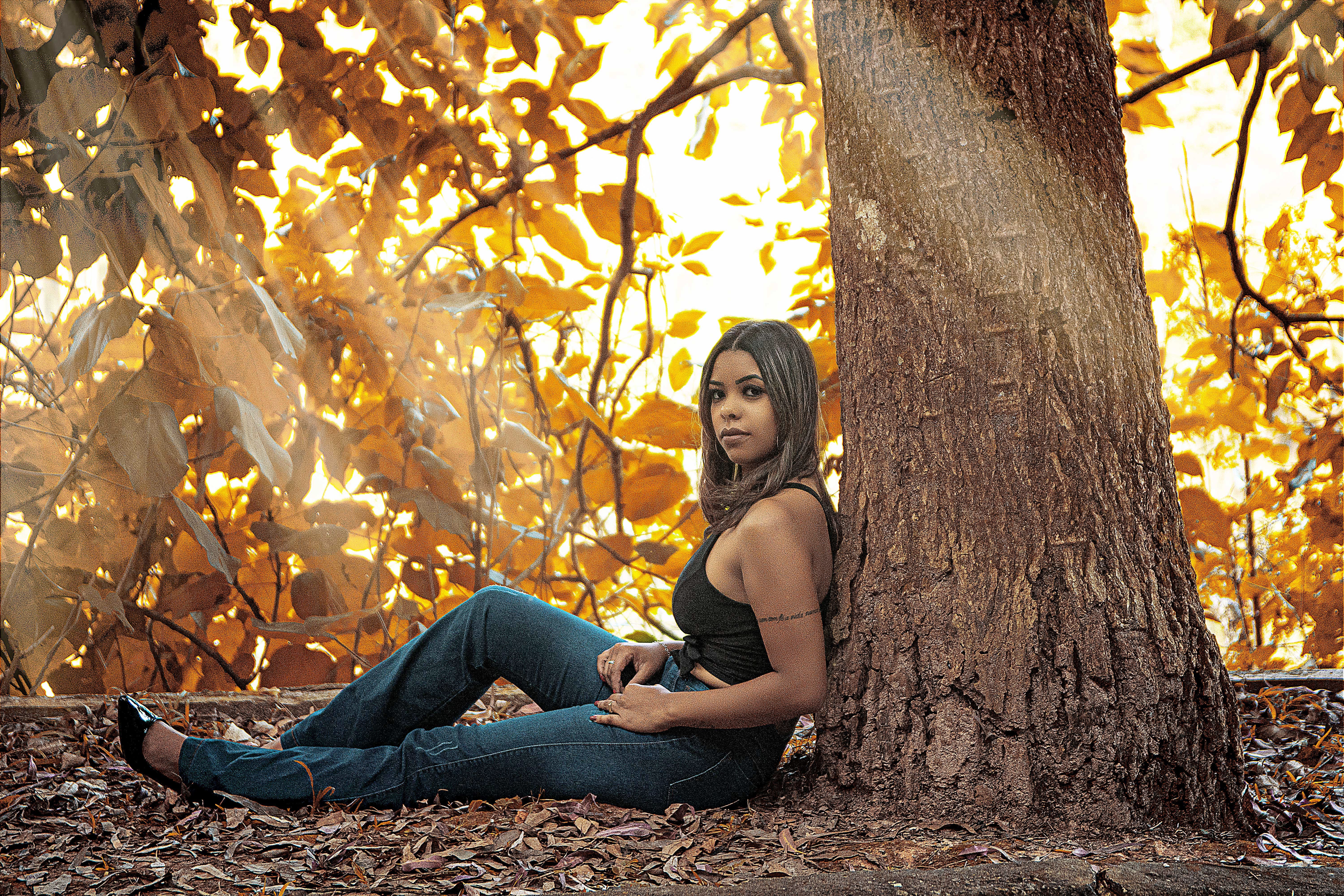Fashionable woman sitting by a tree in a park during autumn, showcasing style and grace.