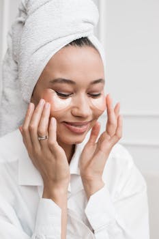 Smiling woman in towel turban applying under eye masks for skincare at home.