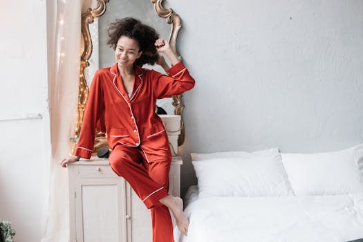 A cheerful woman with curly hair enjoying a moment in a cozy bedroom, wearing red pajamas.