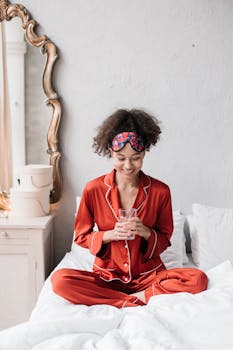 African American woman seated on a bed in red pajamas, relaxing with a glass of water.