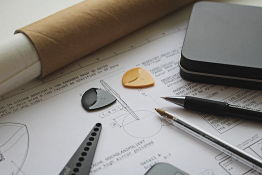A technical engineering draft with guitar picks, pens, and a roll of paper showcasing precision and creativity.