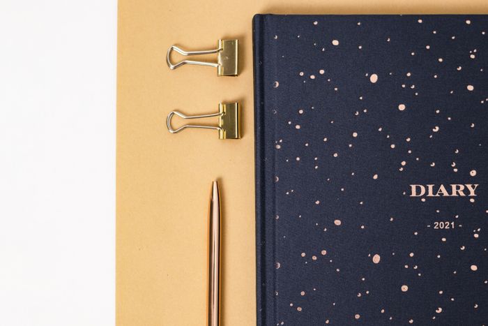 Corporate diary and pen on a neutral background