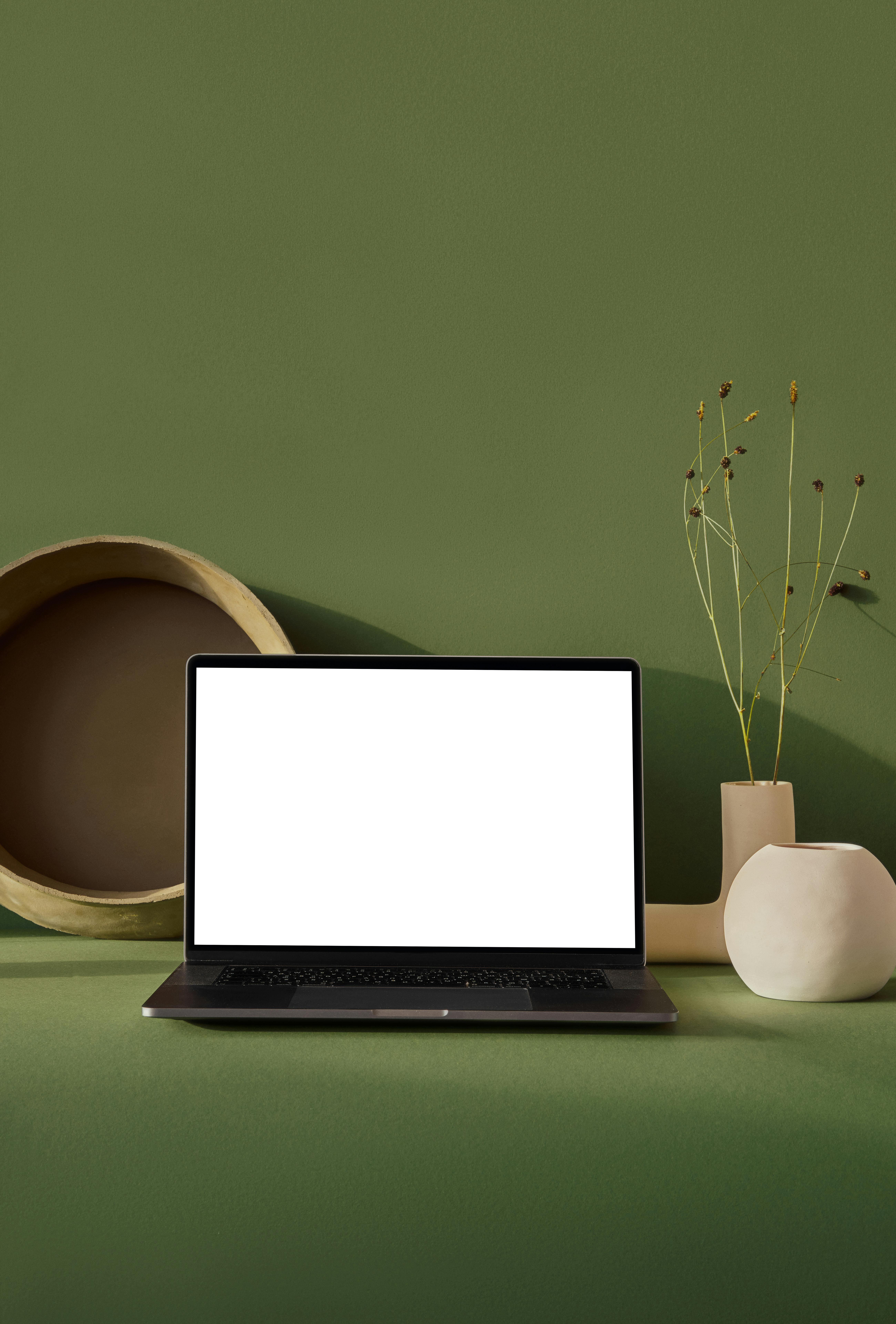 laptop with blank screen placed on table