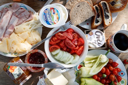 Delicious Breakfast with Bread and Vegetables