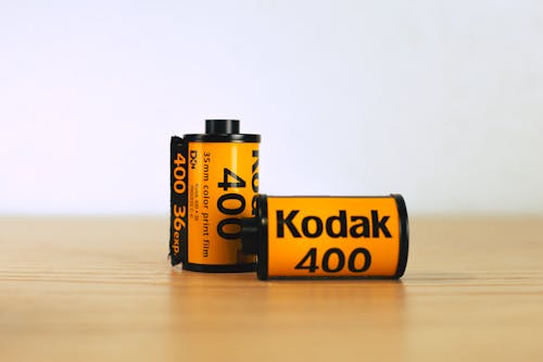 Close-up of Rolls of Film on a Wooden Surface