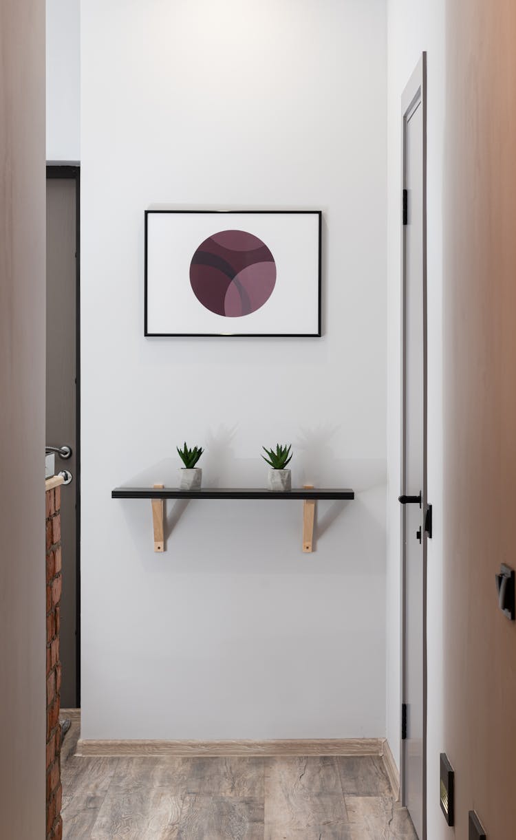 White Wall With Shelf And Abstract Painting