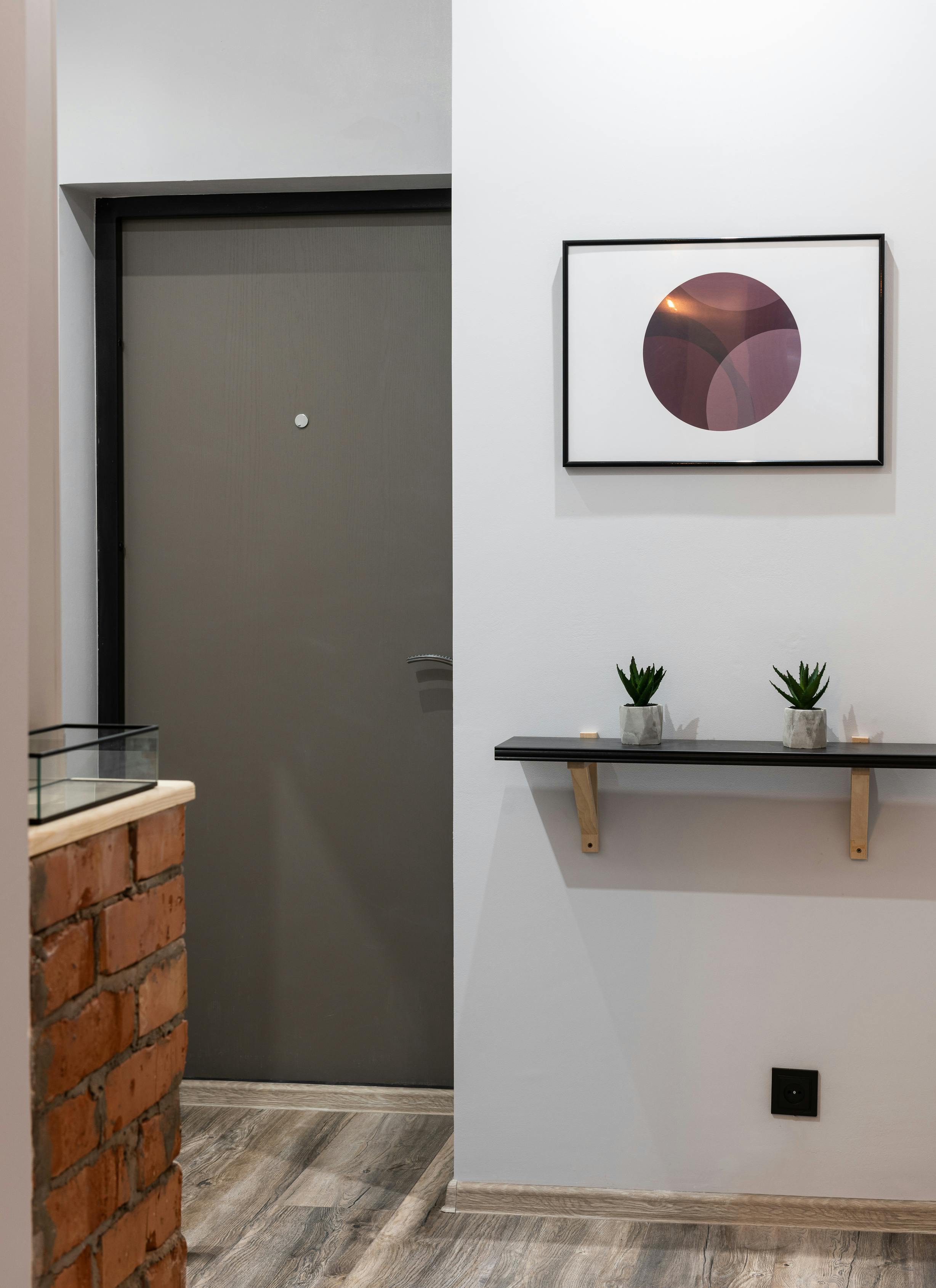 interior of modern flat with entrance door near shelf with plants