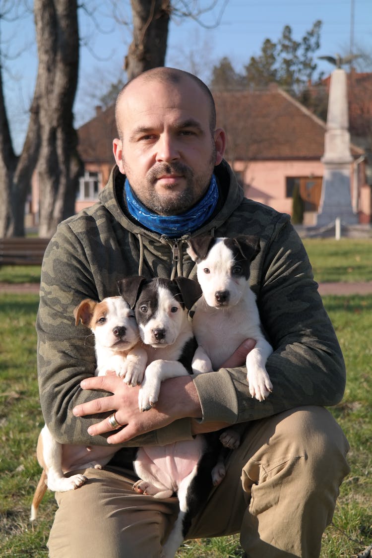 Man In Hoodie Jacket Holding Cute Puppies