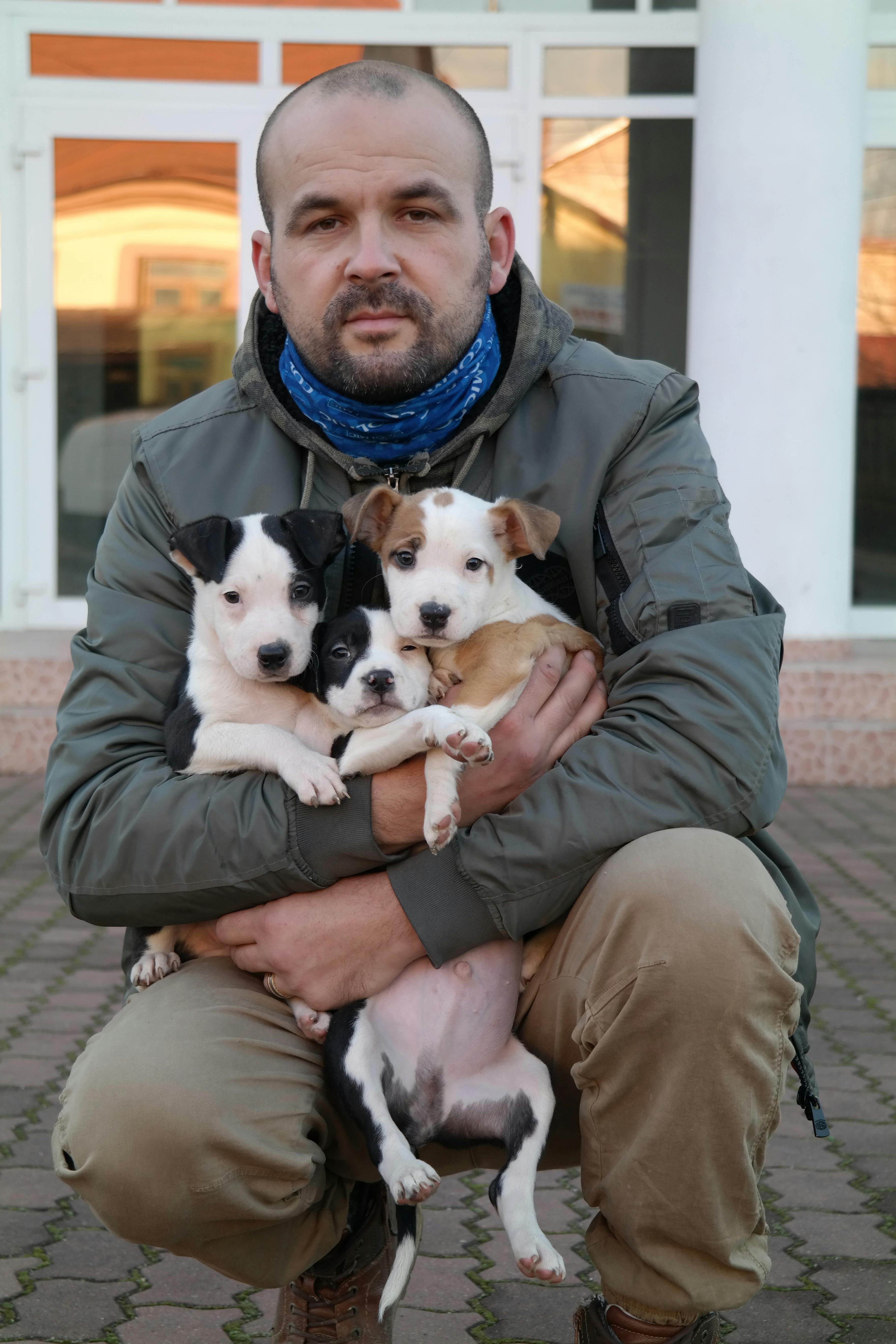 man holding cute puppies