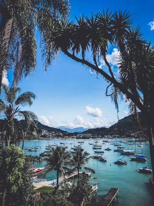 Boats on Sea Near Mountain Under Blue Sky