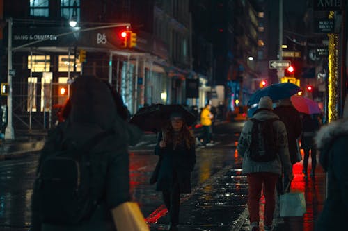 Pedestrians in warm wear with umbrellas strolling on wet asphalt street in contemporary city in rainy autumn day