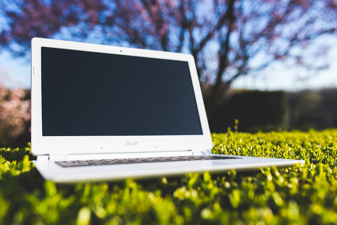 Free White laptop on a green meadow Stock Photo