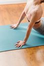 Slim female in sportswear standing in Cobra pose while doing yoga on mat in light gym