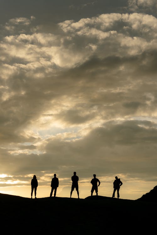 Free Silhouette of People Standing on a Hill at Dusk Stock Photo