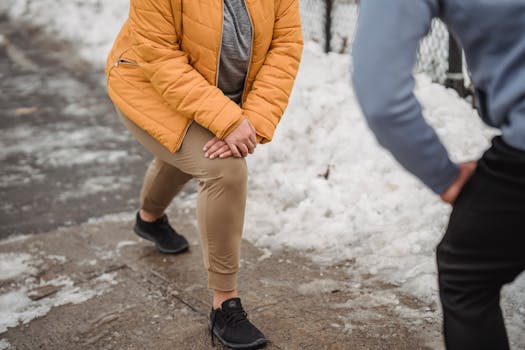 Plus-size individuals exercising outdoors in winter, building fitness and endurance.