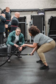 Female athlete practicing battle ropes with personal trainer in a gym setting.