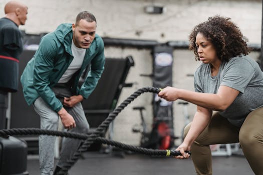 Plus sized African American female in sportswear exercising with battle ropes near serious male instructor during intense workout in modern fitness center