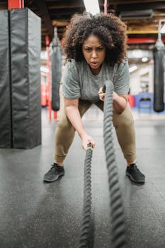 Focused woman working out with battle ropes in a gym, showcasing strength and determination.