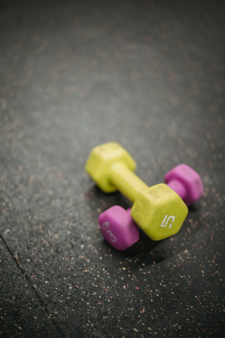 Multicolored Fitness Dumbbells On Gray Background