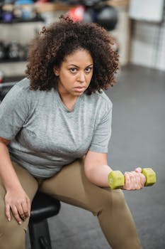 Curvy woman with curly hair focused on lifting weights in a modern gym. Fitness, strength, and motivation.