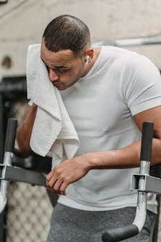 A man in gym clothes resting with a towel and earbuds, symbolizing effort and endurance.