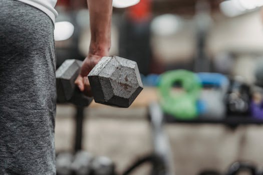 Focused view of a male athlete lifting a dumbbell in a gym setting for strength training.